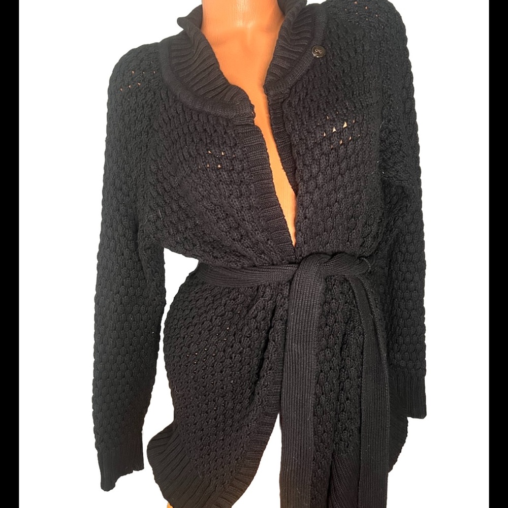 EDDIE BAUER Women’s Sweatercoat XL Black Sweater Cotton Angola Belted